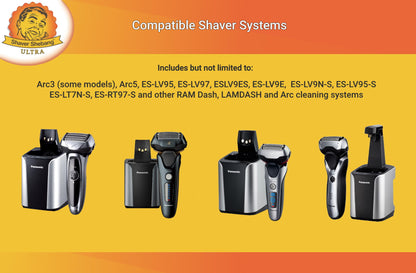 Replacement for all Panasonic Shaver Cleaning systems including but not limited to: Arc3 (some models), Arc5, ES-LV95, ES-LV97, ESLV9ES, ES-LV9E, ES-LV9N-S, ES-LV95-S, ES-LT7N-S, ES-RT97-S and other RAM Dash, laMDASH and Arc cleaning systems. Not replacement for Panasonic cartridge cleaning models. Only use Shaver Shebang™ if your model already uses a concentrated liquid cleaner.