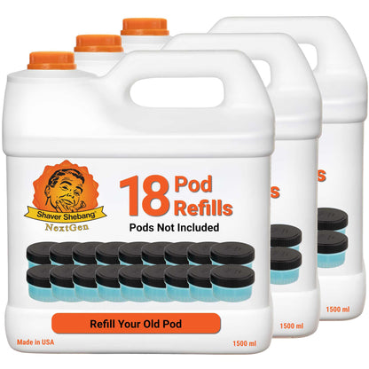 3 bottles of Shaver Shebang for Philips Norelco Quick Clean refills. Each bottle refills 18 Quick Clean pods.